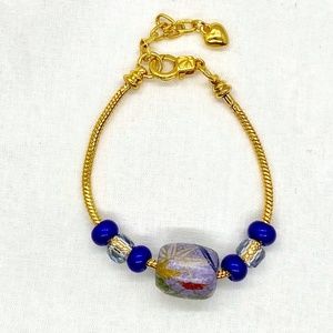 Floral Lavender Washi Bead & Glass beaded Gold Colored Snake Chain Bracelet